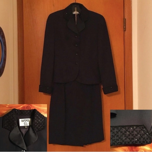 SOLD—Vintage 1990's Kasper Navy Bead Embellished Jeweled Skirt Suit, Size 2P - Picture 5 of 16